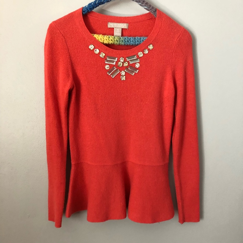 Banana Republic Jeweled, Coral, Peplum Sweater
